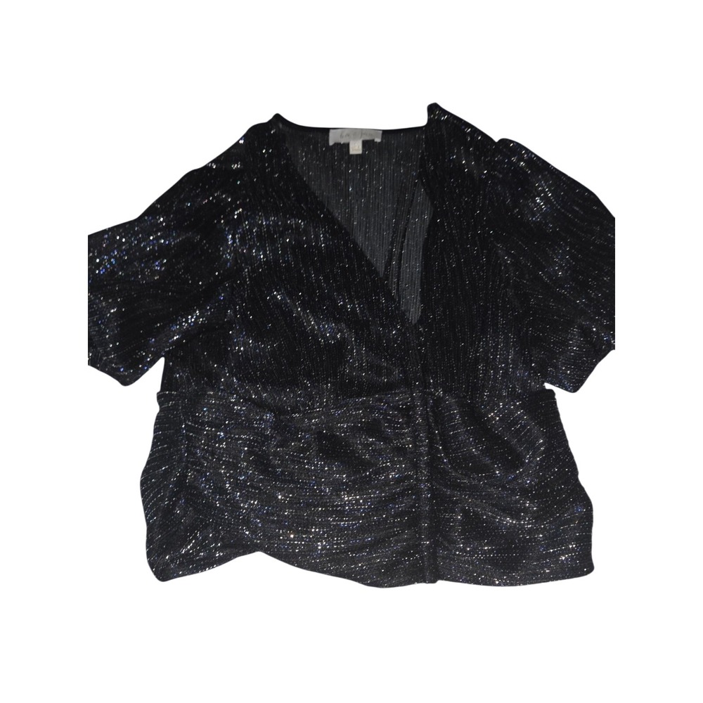 Love & Piece Collective Button Top Womens L Black Metallic Shimmer Puff Sleeve